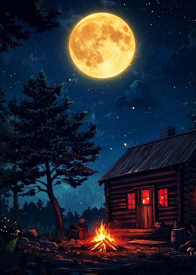 Cabin Moon Night Camping Art