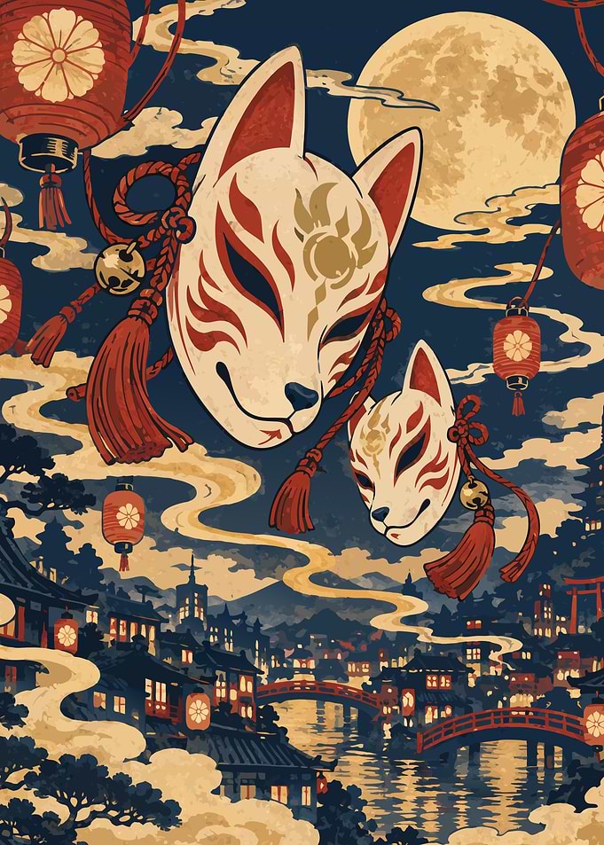 Japanese Art Poster: Fox Masks and Lanterns, Limited Colors