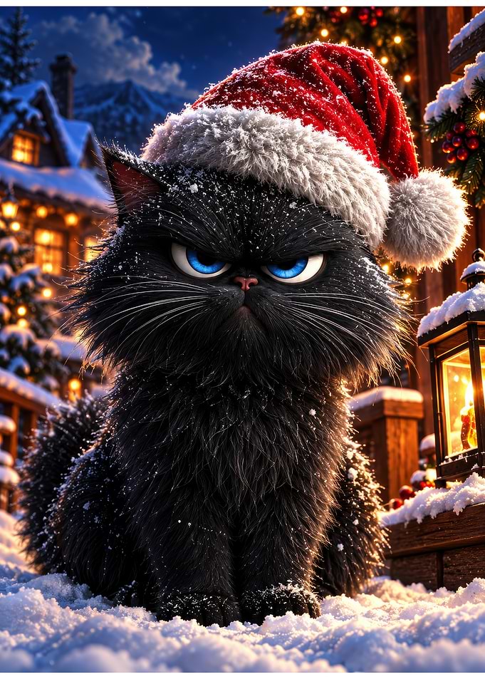 Grumpy Black Cat in Santa Hat