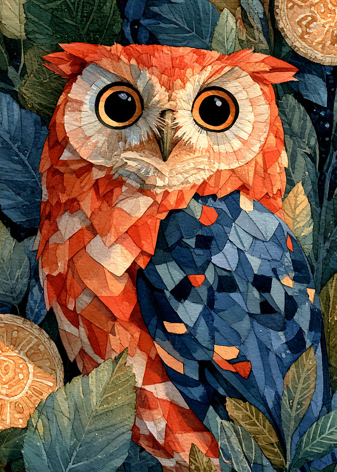 Geometric Mosaic Owl in Forest