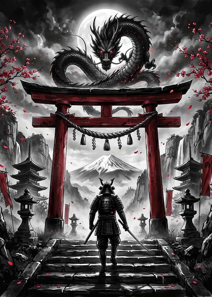 Samurai Facing Dragon Under Moon