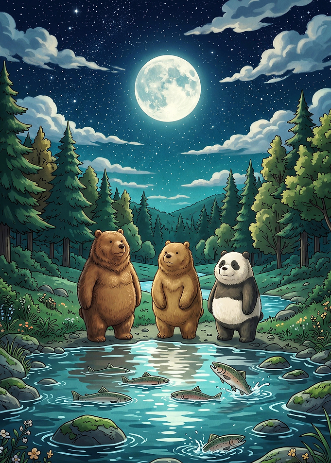 Bears Under Moonlight Night Art
