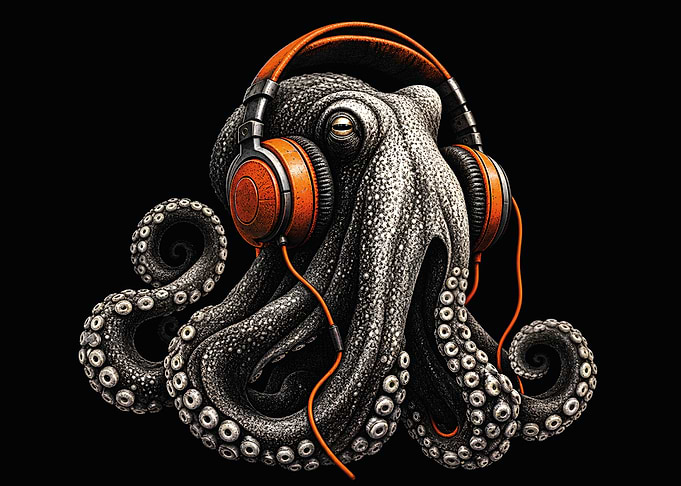 Octopus Wearing Orange Headphones