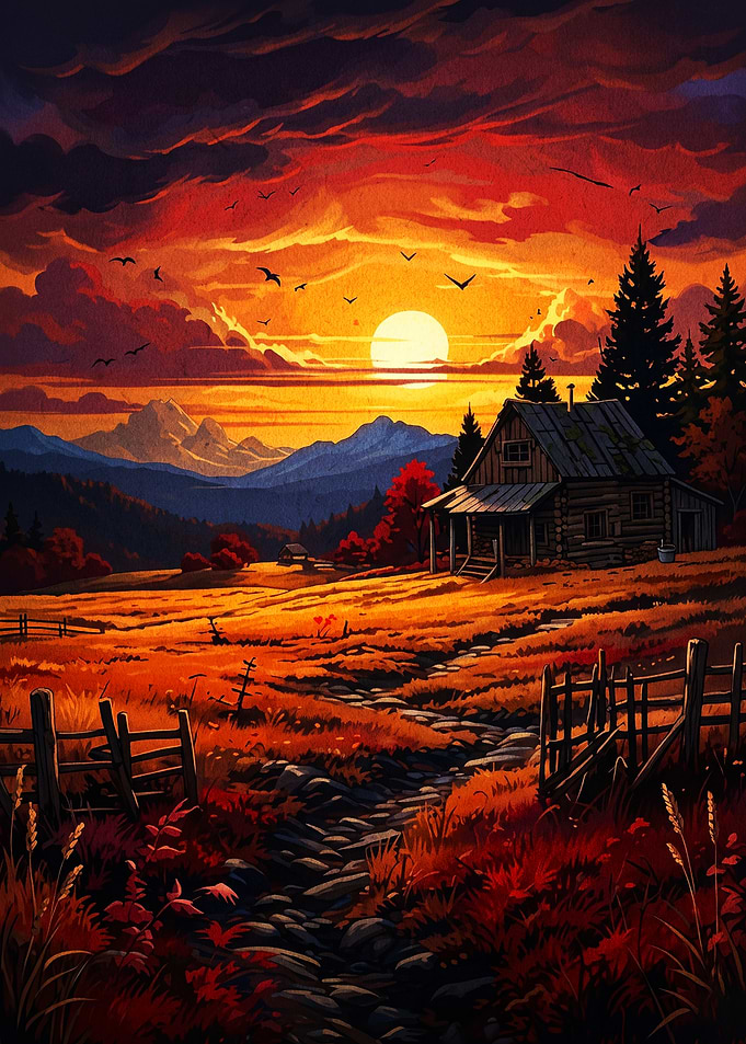 Cabin Sunset Landscape Nature Art