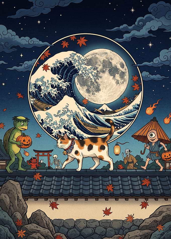 Japanese Yokai Halloween Cat Illustration