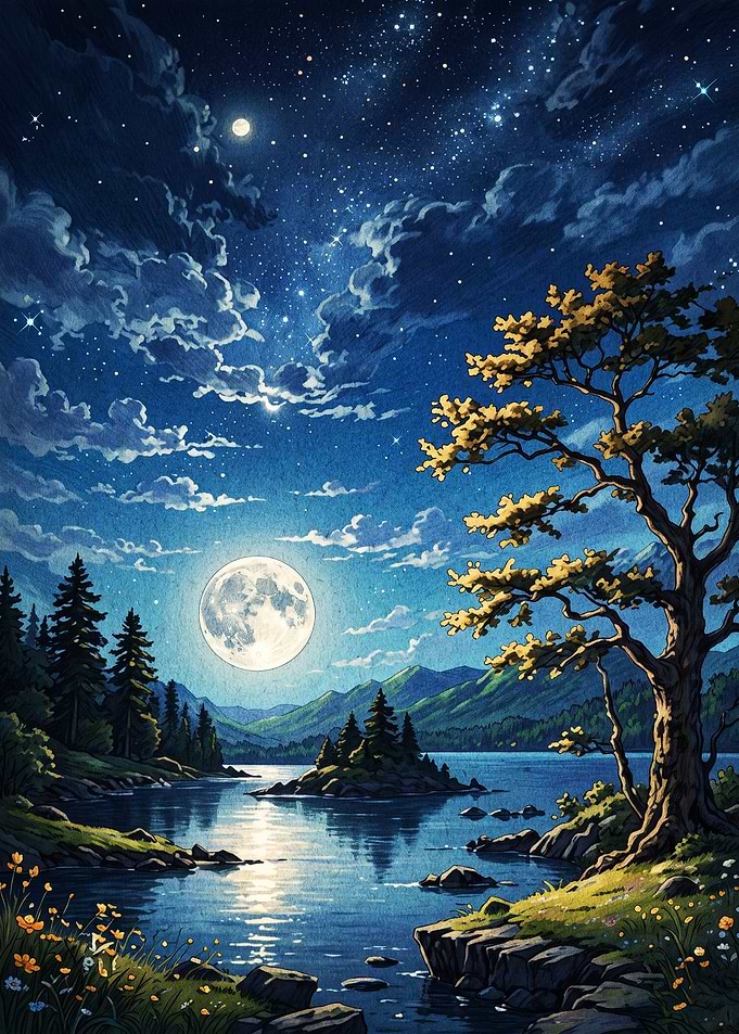 Moonlit Night Forest Painting Art