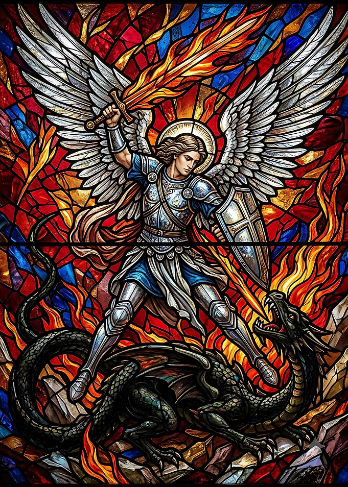 Stained Glass Archangel Michael Defeating Dragon