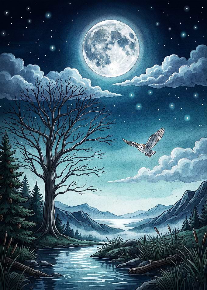 Owl Night Sky Watercolor Art