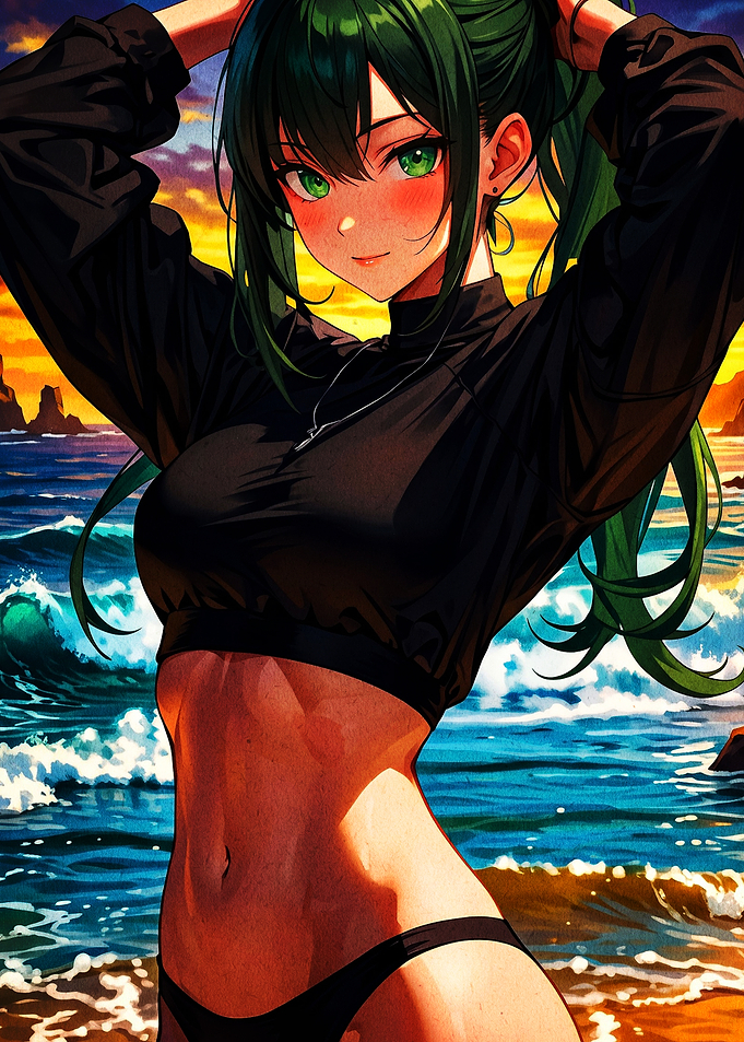 Anime Girl at Sunset Beach