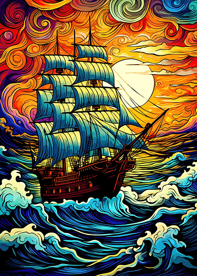 Vibrant Van Gogh Style Sailing Ship