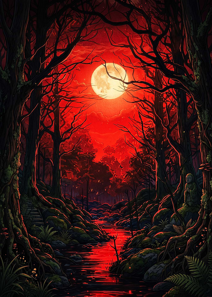 Red Moon Forest Gothic Horror Art