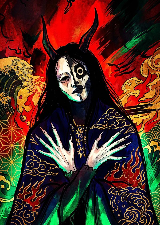 Demon Masked Figure in Traditional Robes