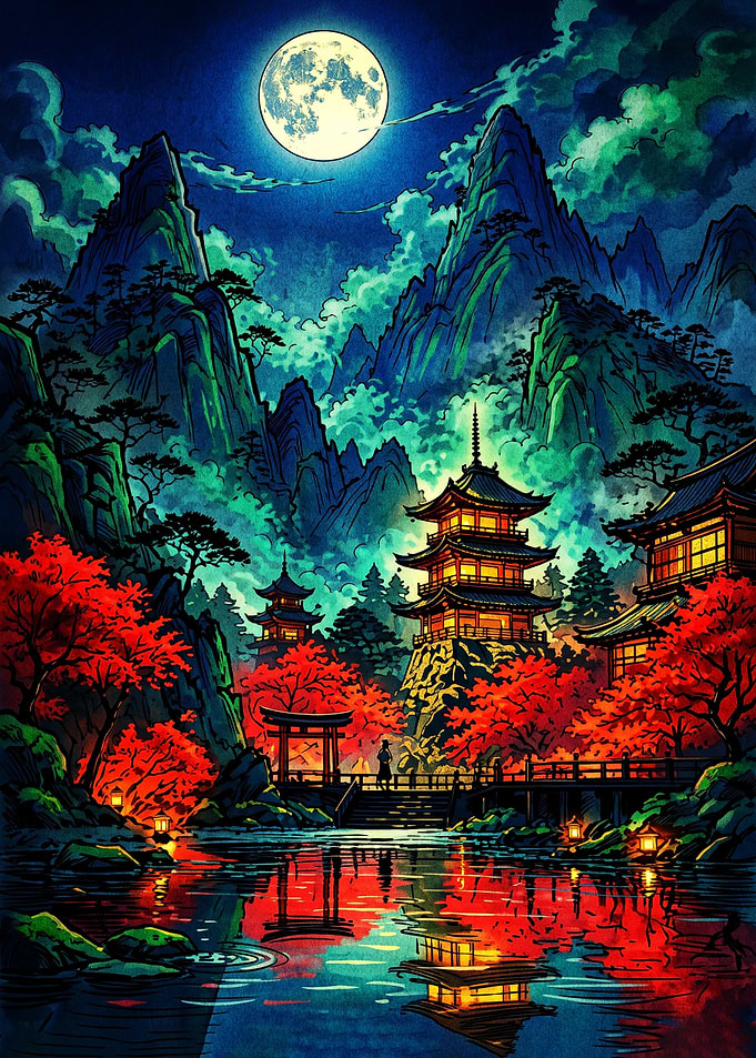 Moonlit Japanese Temple Landscape