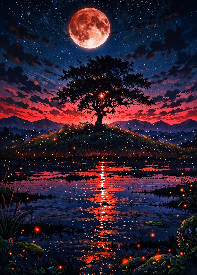 Red Moon Tree Landscape Fantasy Art