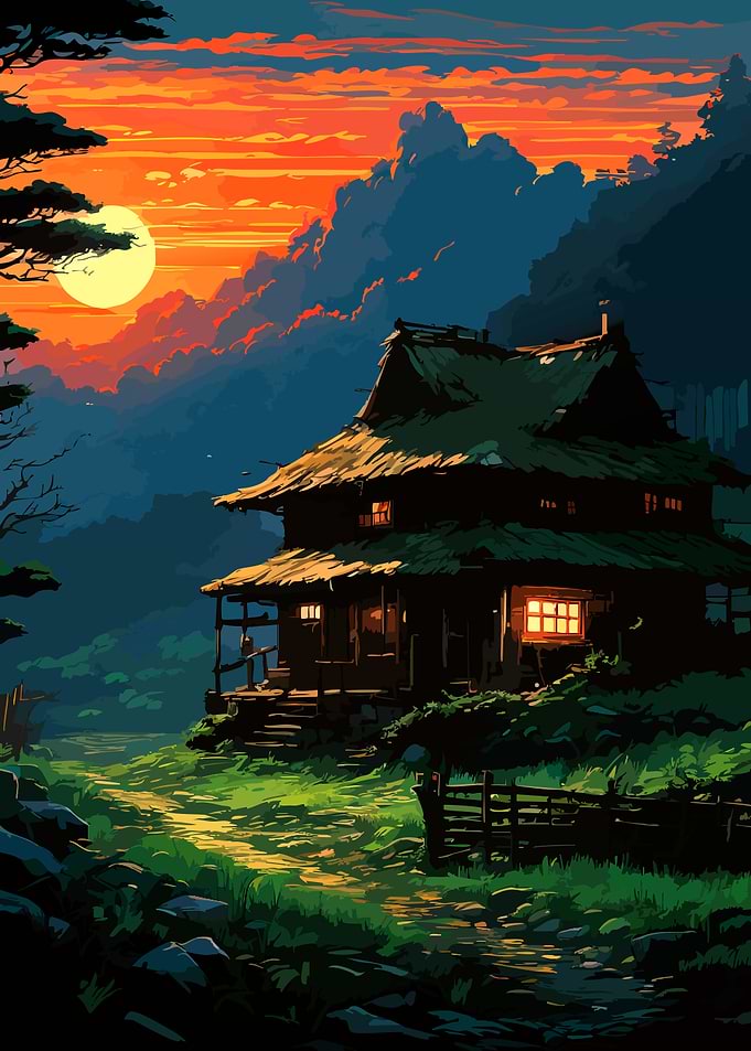 Traditional Japanese House at Sunset
