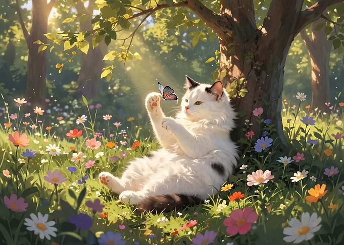 Fluffy Cat Playing with Butterfly