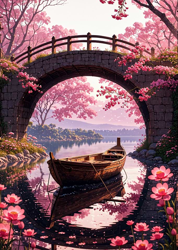 Serene Boat Under Cherry Blossom Bridge Japan
