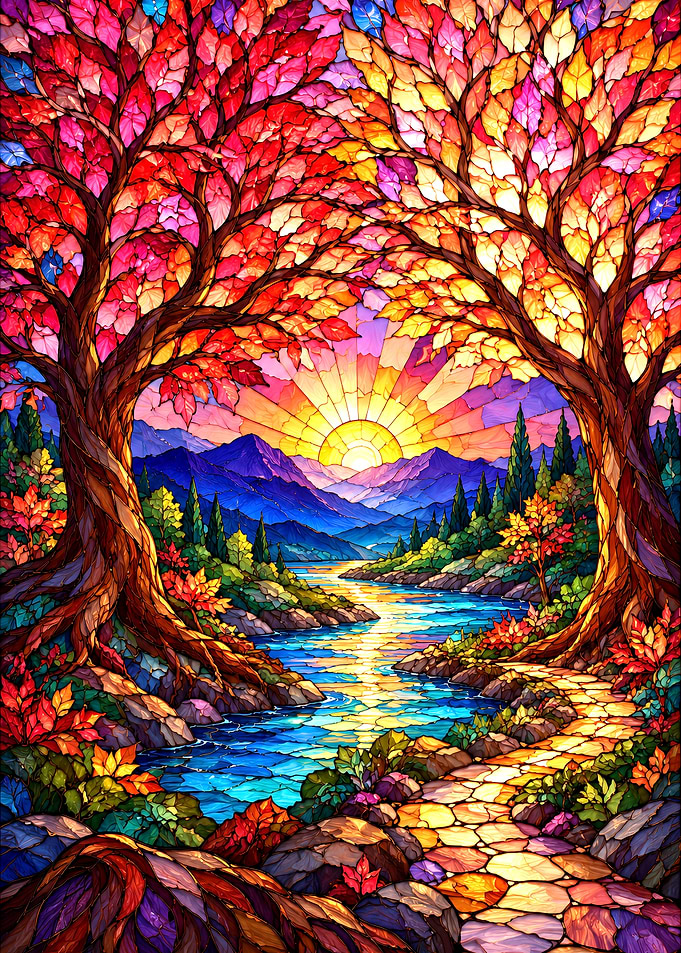 Stained Glass Autumn Landscape