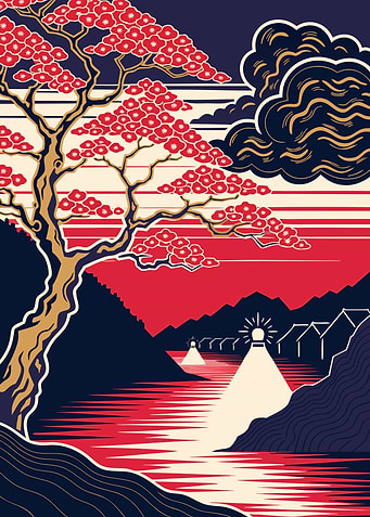 Stylized Japanese Landscape with Cherry Tree