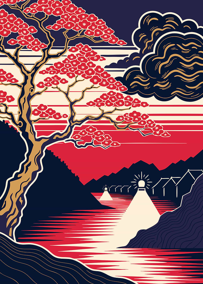 Stylized Japanese Landscape with Cherry Tree