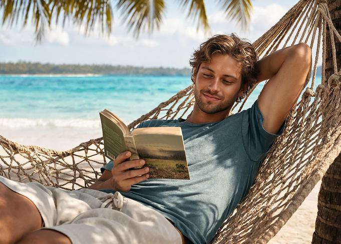 Man reading book in beach hammock