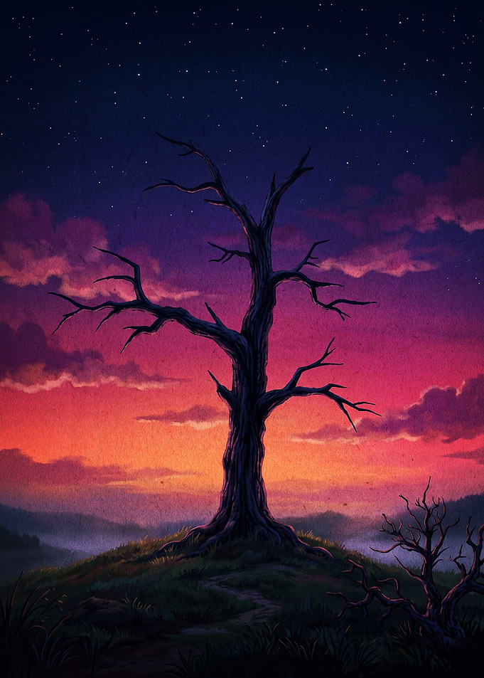 Dead Tree Sunset Cosmic Fantasy Art