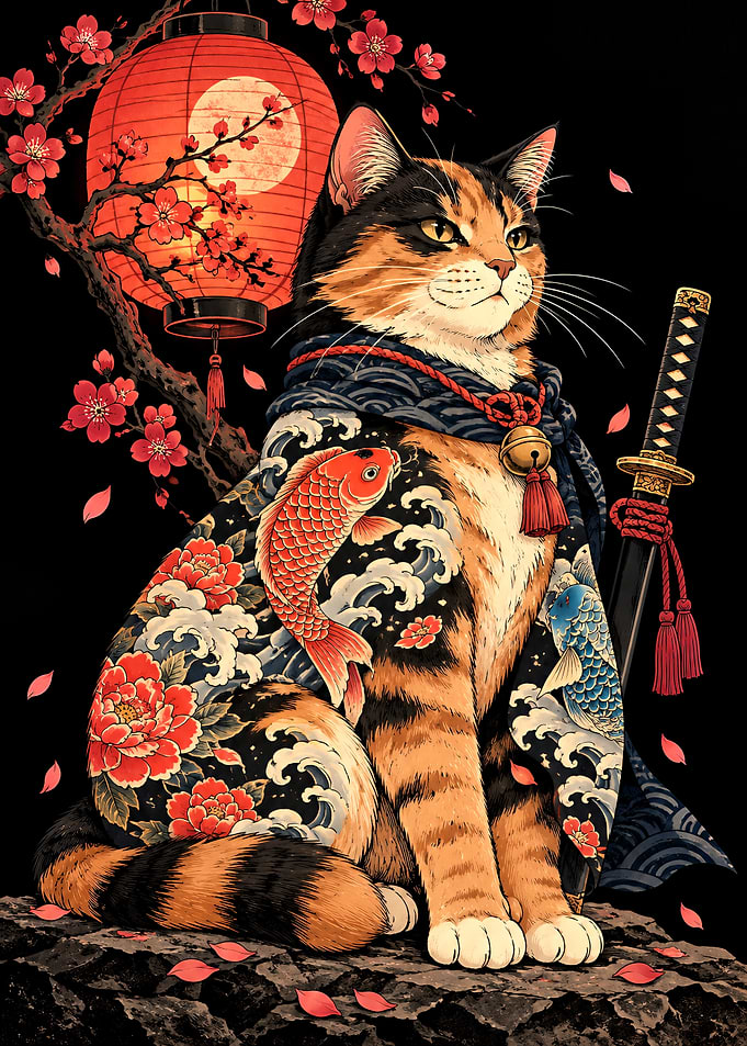 Samurai Calico Cat with Katana