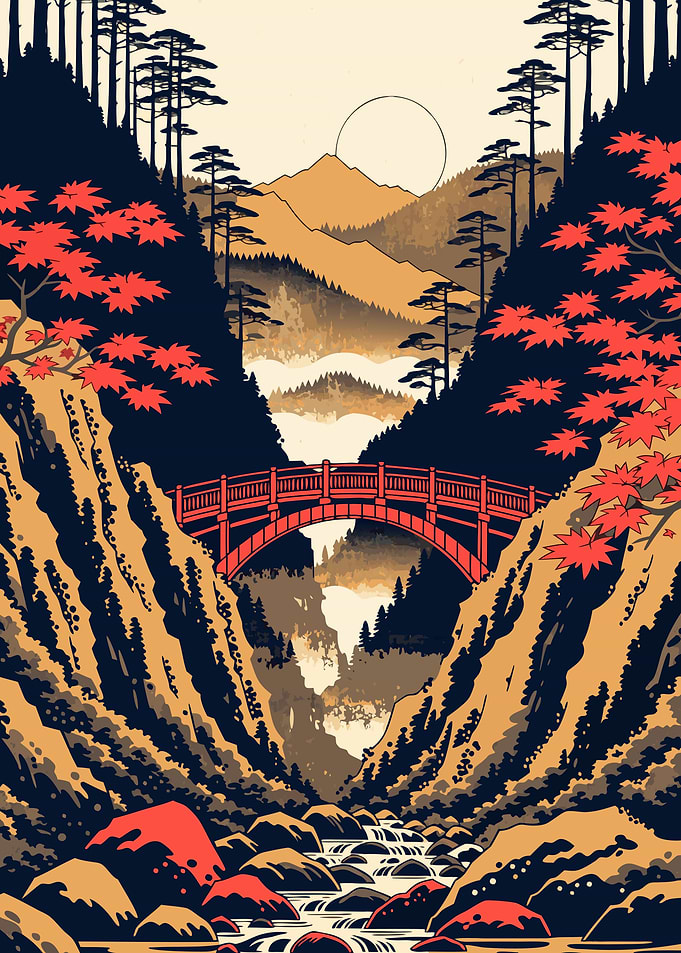 Japanese Red Bridge Mountain Landscape