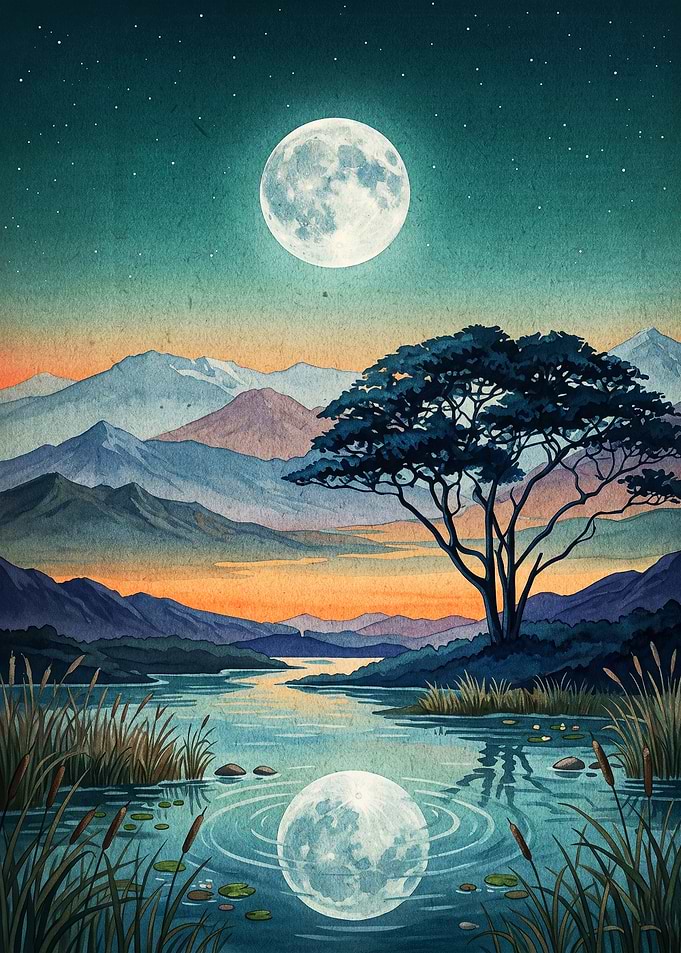 Moonlit River Mountain Landscape
