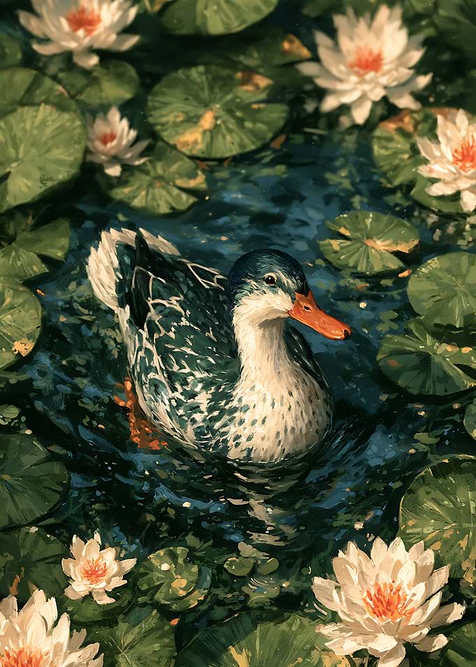 Duck Swimming Among Water Lilies