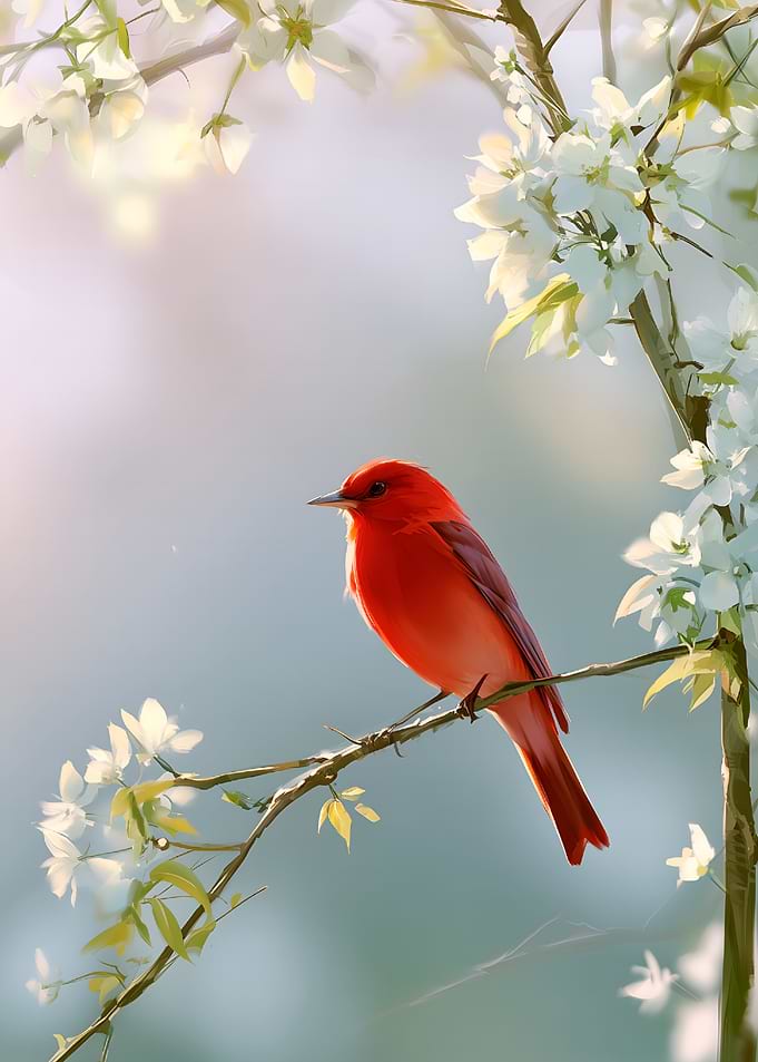 Vibrant Red Bird on Blossoming Branch