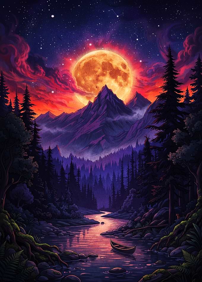Red Moon Mountain River Cosmic Art