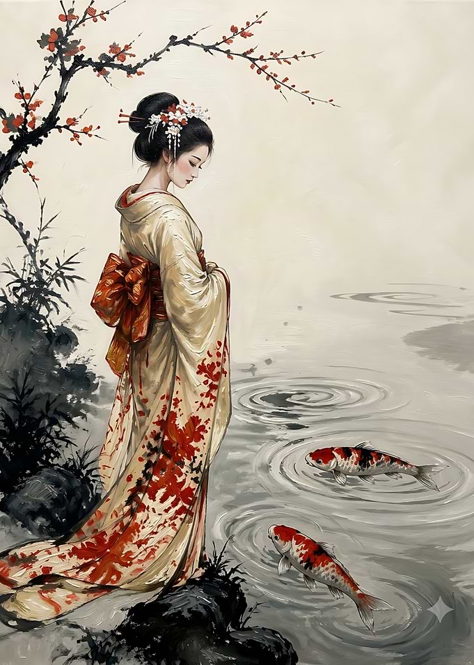 Geisha Watching Koi Fish