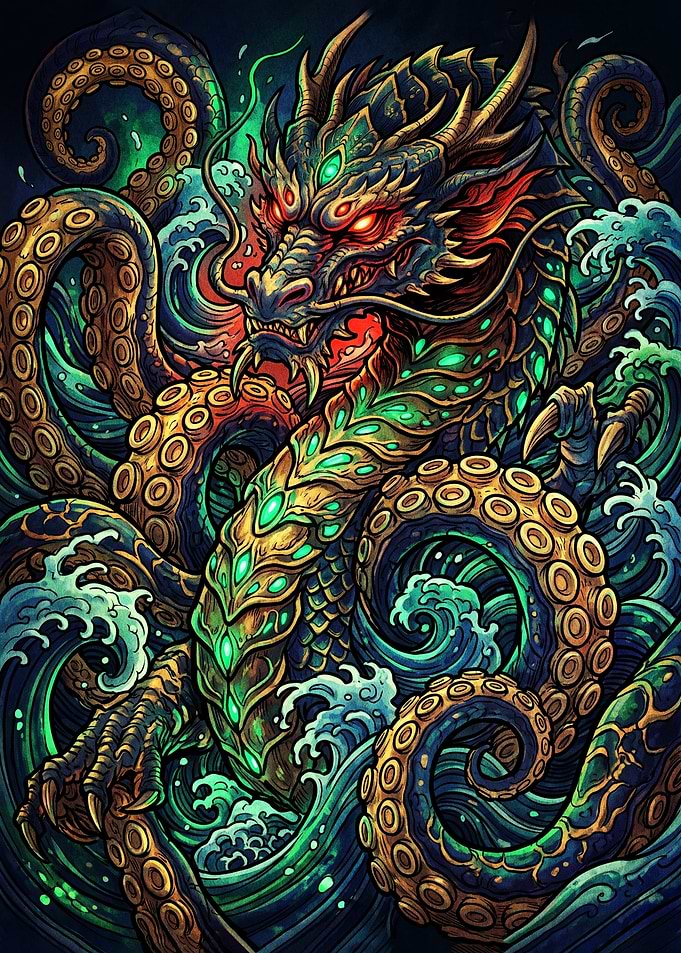 Mythical Dragon and Kraken Sea Battle