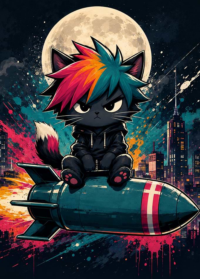 Anime Cat Riding a Rocket