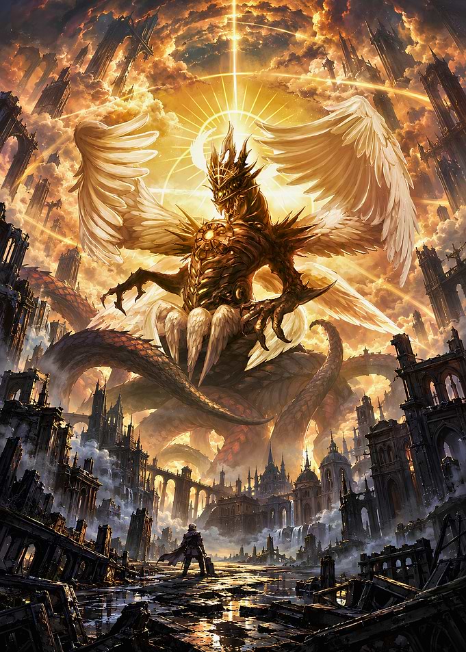Epic Fantasy Dragon Over Ruined City