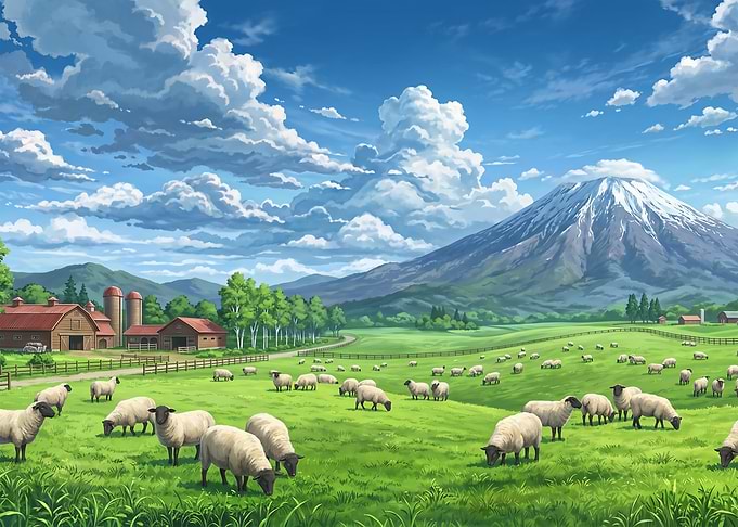Sheep Grazing Near Mount Fuji