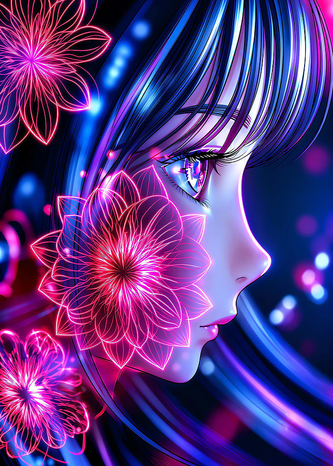 Neon Anime Girl with Glowing Flowers