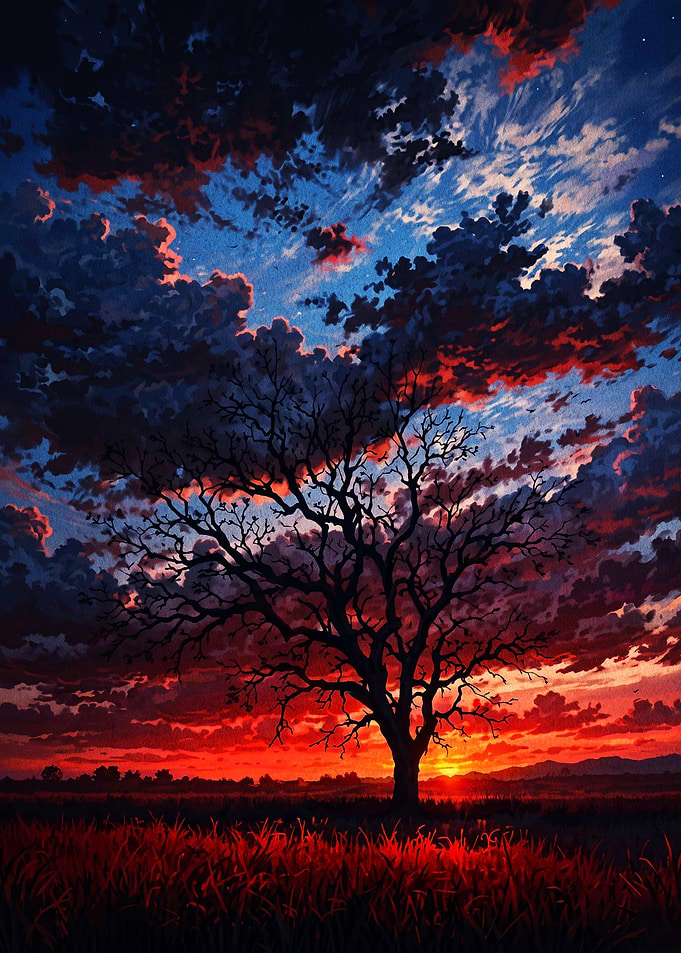 Sunset Tree Anime Landscape Art