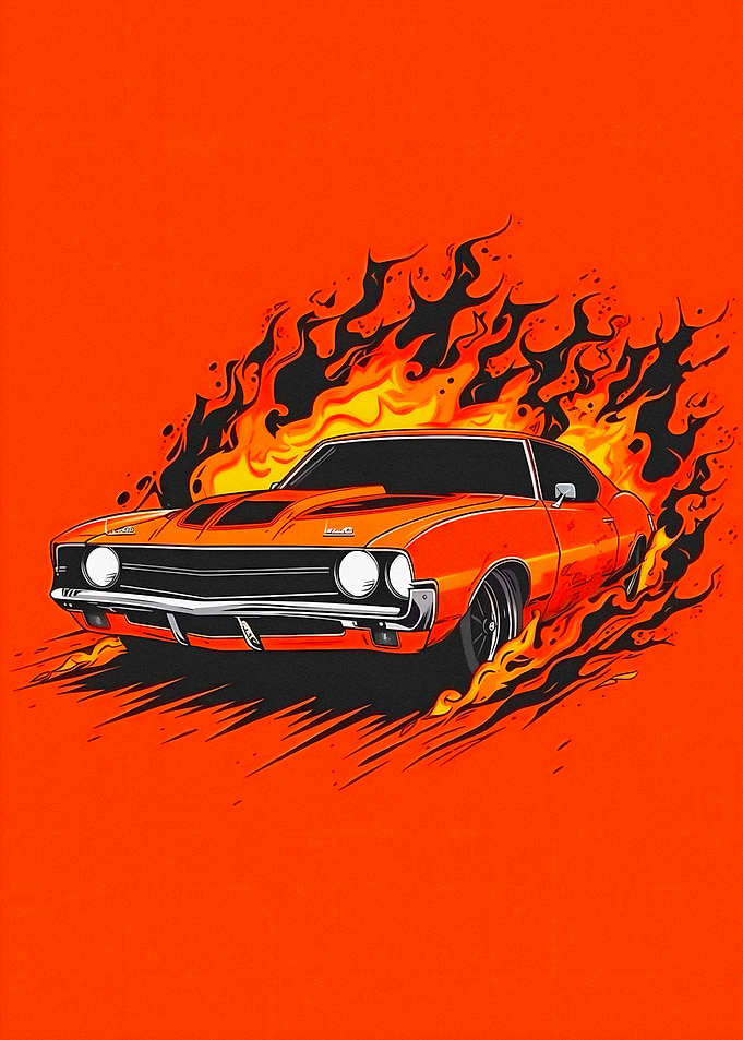 Orange Muscle Car Engulfed in Flames