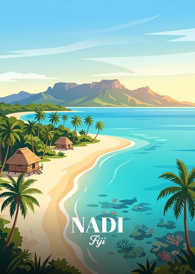 Nadi Fiji Tropical Beach Travel Poster