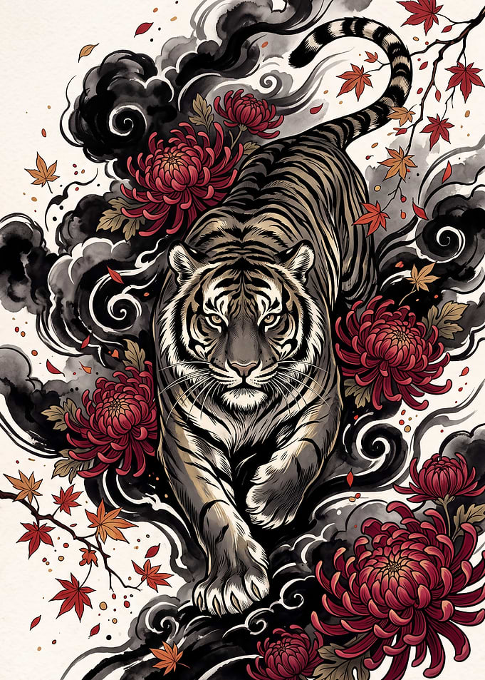 Japanese Tiger and Chrysanthemum Art