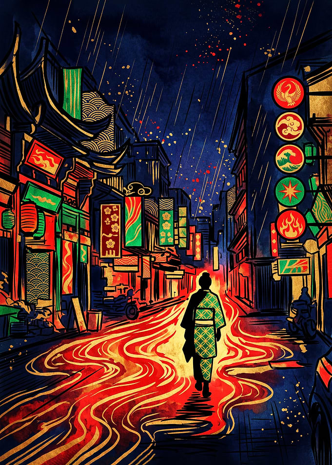 Person in Kimono Walking Through Street
