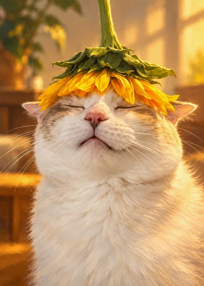 Cat Wearing a Sunflower Hat