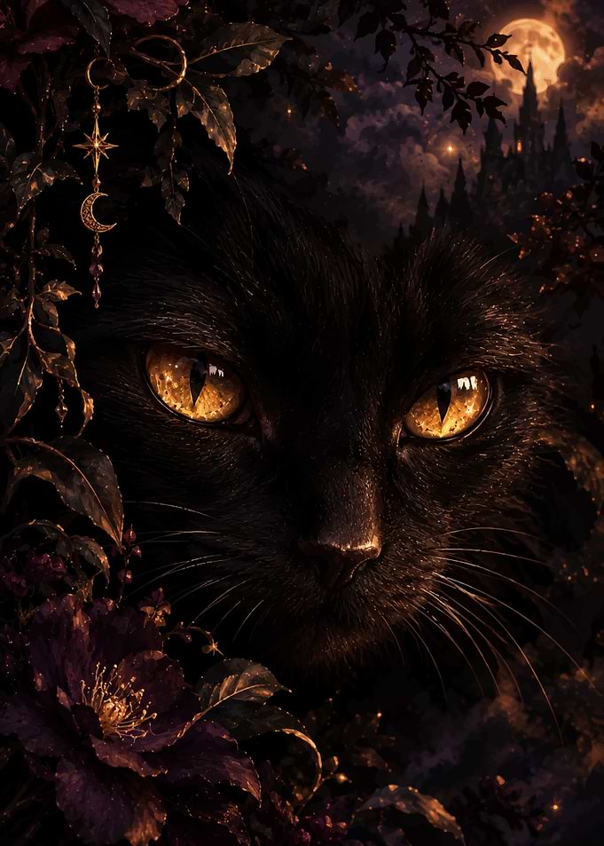Mystical Black Cat in Enchanted Forest