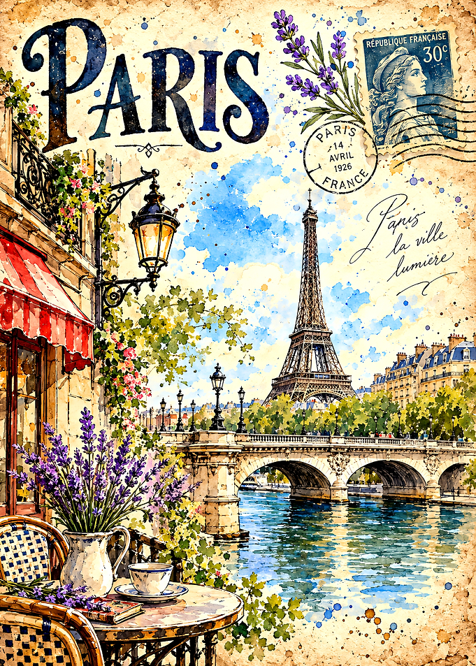 Vintage Paris Eiffel Tower Watercolor Poster
