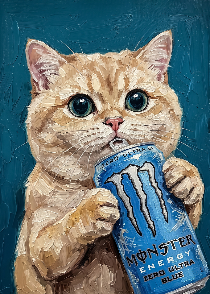 painting style orange cat Drinking Energy Drink poster