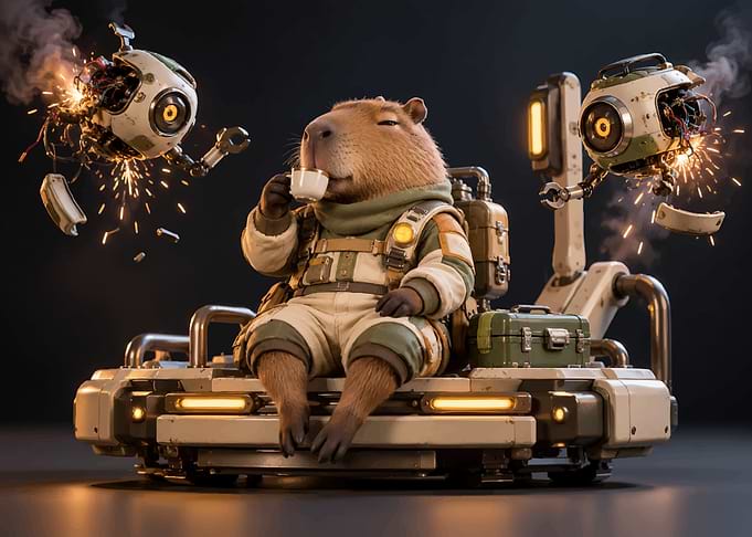 Cyberpunk Capybara Drinking Coffee