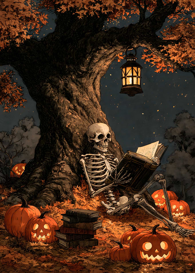 Skeleton Reading Under Autumn Tree