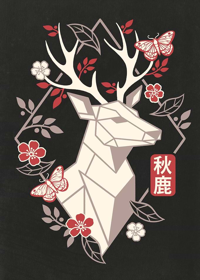 Geometric Deer with Floral Accents